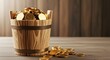 © Helen - A wooden bucket overflowing with gold coins on a rustic wooden table, symbolizing wealth and prosperity.
