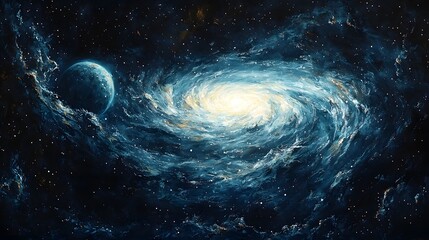 Wall Mural - a vibrant spiral galaxy with a radiant core swirls in the vast cosmic expanse accompanied by a small