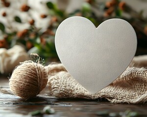 Wall Mural - a blank white heart shaped card stands on a rustic wooden surface next to a ball of twine and textur