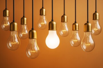 Wall Mural - multiple hanging vintage light bulbs with one illuminated, symbolizing creativity and innovation on 