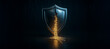 © DBFilms - Metal shield with a central crack leaking glowing binary code, symbolizing a cybersecurity breach or digital data leak in a dark, tech-themed setting.