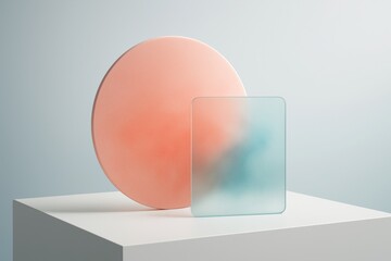 Wall Mural - abstract geometric composition with pastel circle and frosted glass rectangle on white pedestal in s