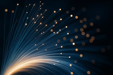 Wall Mural - abstract glowing fiber optic light strands with golden bokeh on dark background, illustrating futuri
