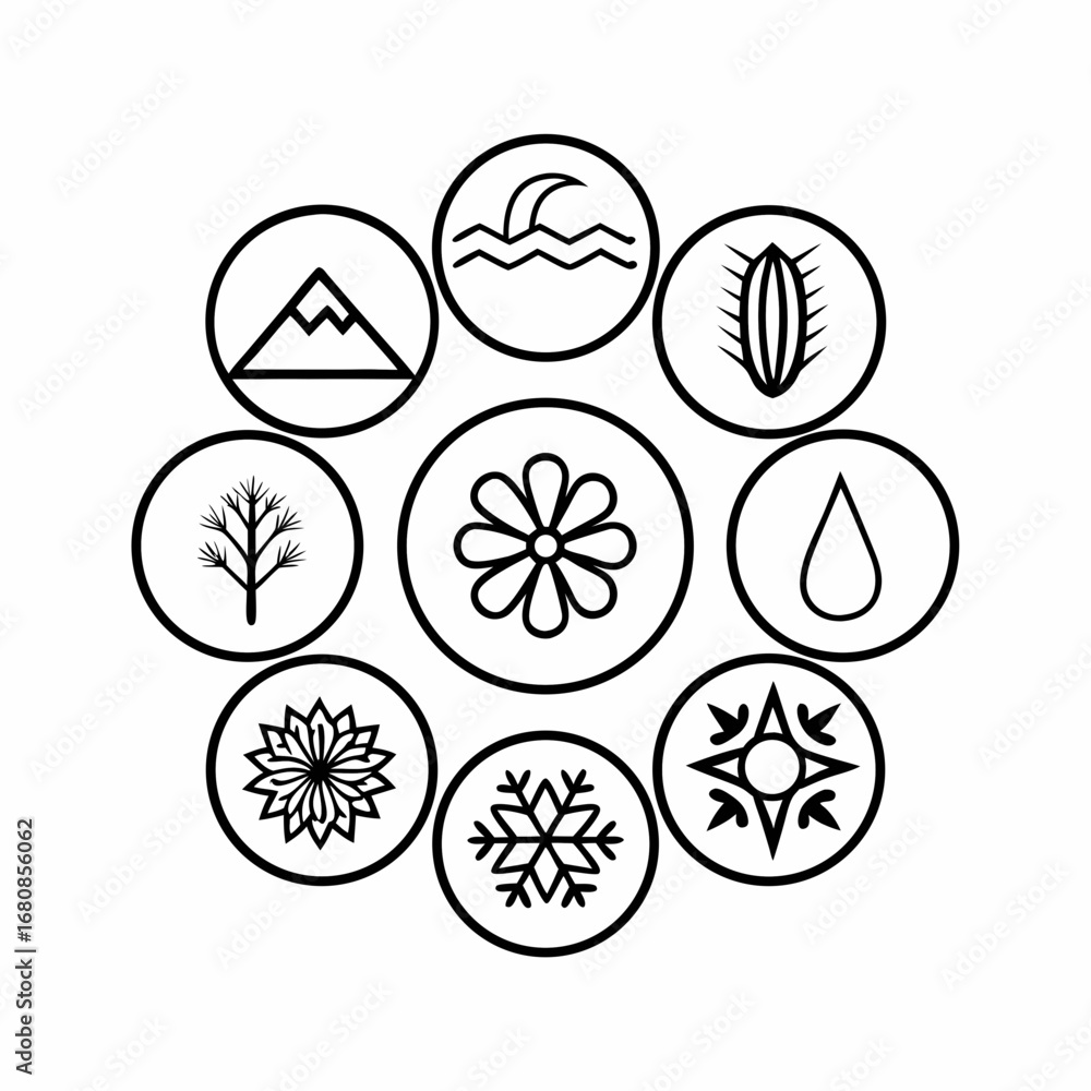 Clean Line Pattern From Nature Clean Line Art Nature Icon Set Black Outline Stock Vector | Adobe Stock