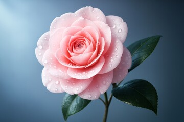 Wall Mural - close-up of delicate pink camellia flower with dewdrops on petals and leaves against soft blue backg