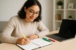 © Pixels Hunter - Young woman planning weekly schedule with colorful markers at desk, laptop nearby, in cozy home office setting with soft light and calm background. Ai generative