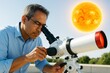 © Who is Danny - Scientist observing the Sun through telescope under clear sky, engaging in solar research and astrophysics outdoors during daylight. Ai generative. Ai generative