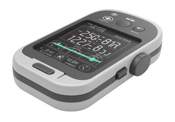 Isolated handheld device with gray screen, digital interface, control buttons and rounded edges