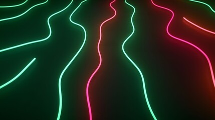 Wall Mural - the image showcases an abstract pattern of wavy neon lights, featuring both green and pink hues, set