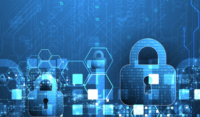 Abstract technological background on the topic of information protection. Various technological elements with padlocks inside which is a digital code.
