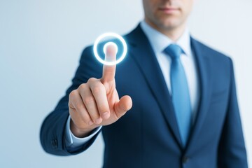 Wall Mural - businessman touching virtual interface circle icon with finger on futuristic screen, standing agains