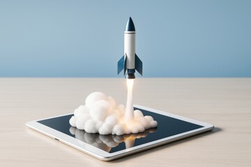 Wall Mural - rocket launching from tablet screen with smoke, symbolizing startup innovation and digital growth in