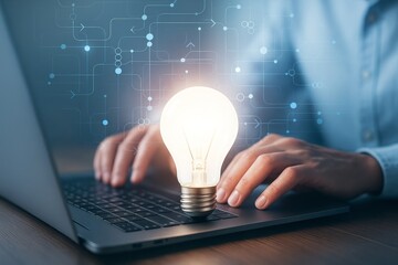 Wall Mural - glowing light bulb on laptop keyboard with person typing and abstract digital network background rep