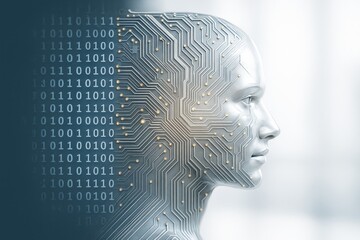 Wall Mural - futuristic human head integrated with digital circuit board and binary code on light tech background