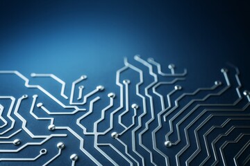 Wall Mural - Abstract metallic circuit board layout on blue background showing futuristic electronic connections and digital light technology concept design.