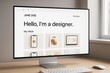 © Pixels Hunter - Computer screen mockup displaying minimalist designer portfolio website with product previews in clean workspace setting near bright window light. Ai generative