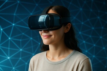 Wall Mural - woman wearing virtual reality headset with smile, against geometric abstract background with blue gl