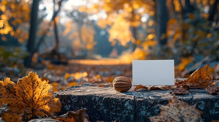 Wall Mural - A blank white card and a textured walnut rest on a rustic tree stump surrounded by vibrant autumn leaves in a sun drenched forest