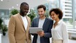 © Bonnie - Group of diverse professionals, smiling and collaborating, reviewing information on a tablet in a bright modern office, showcasing teamwork and innovation in a corporate environment