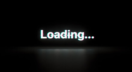 The word loading with glitch effect. Internet slow speed or waiting for content to load. Technology concept for digital media display.