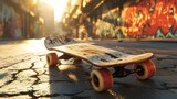 Weathered skateboard resting on a cracked street with vibrant graffiti art in the background.