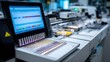 © gou - gene chips loaded in the laboratory automated sequencer, robotic arms adding reagents, sequencing progress bar displayed on the screen, background is low - temperature storage cabinet
