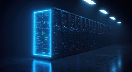 Securely housed advanced server racks glow with vibrant blue neon light in a dark, modern data center, symbolizing powerful digital infrastructure and innovation.