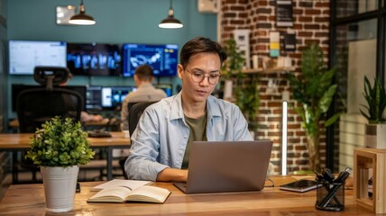 Young Asian professional working on a laptop in a modern tech office