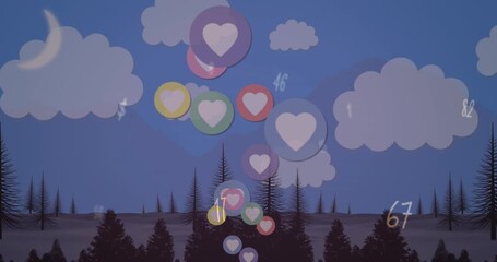 Wall Mural - animation of social media reactions floating over cartoon landscape