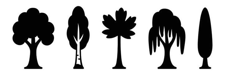 tree silhouettes icon set – deciduous, birch, slender trunk, willow, cypress