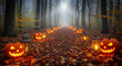 © benoit - Autumn forest path with pumpkins and lanterns under moonlight, realistic Halloween atmosphere