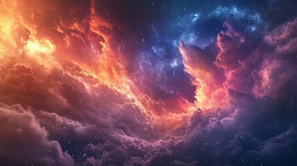 Wall Mural - A mesmerizing cosmic landscape with vibrant, swirling clouds of red, orange, blue, and purple, adorned with twinkling stars.
