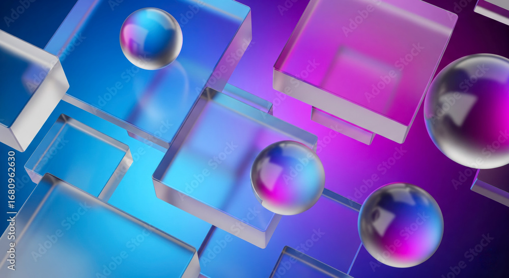 Abstract 3d background with glass cubes and spheres, glass-morphism ...