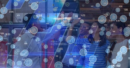 Wall Mural - animation of icons and lights over diverse businesspeople clapping hands