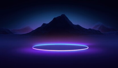 Vibrant photo of mysterious neon portal illuminates dark mountain landscape.