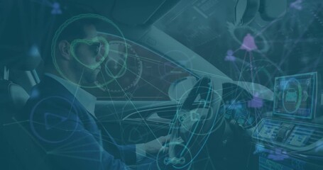 Wall Mural - animation of connections and icons over caucasian man driving car