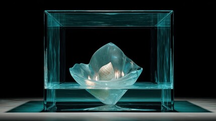 A teal-tinted, cube-shaped, transparent display case holds a sculpted, icy flower form. Inside, a seashell and two candles are submerged in water, casting soft light