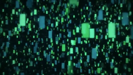 Dynamic abstract animation of glowing green and blue rectangles floating in dark space, representing data flow.