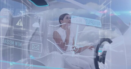 Wall Mural - animation of data, connections and lights over caucasian woman in futuristic car