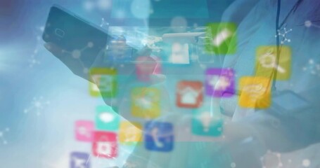 Wall Mural - animation of cube with icons over person using smartphone