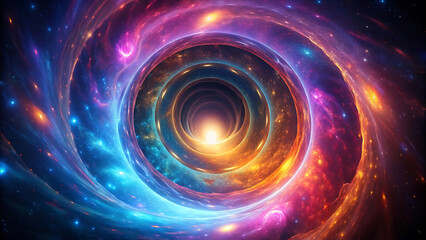 Wall Mural - Abstract neon spiral vortex glowing in dark cosmic space digital futuristic tunnel background for sci fi and fantasy design