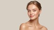 © 69 - Elegant young woman with flawless skin and natural makeup showcasing beauty and confidence in a neutral background for skincare and beauty solutions