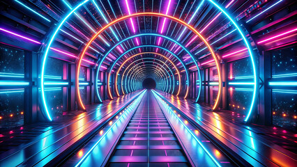 Wall Mural - Glowing neon tunnel stretching into infinity futuristic digital background sci fi technology design and creative cyber concept