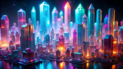 Wall Mural - Glowing surreal crystal neon city futuristic sci fi background fantasy architecture design and modern digital illustration