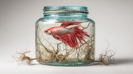Red fish in antique jar, aquatic display