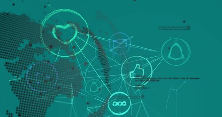 Wall Mural - animation of connections with icons, globe and data processing on green background