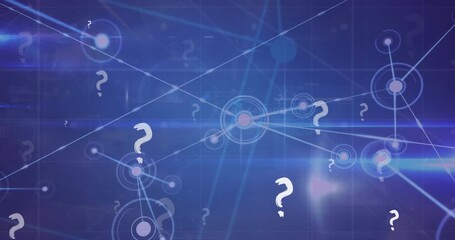 Wall Mural - animation of question mark icons over network of connections on blue background