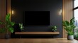 © Sirichat. Camphol - Modern living room design with tv urban apartment interior decoration contemporary environment wide angle view minimalist concept