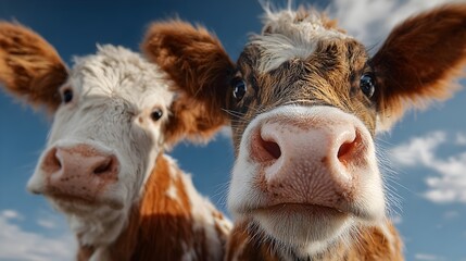 two curious young cows look directly at the viewer with expressive eyes under a bright blue sky back