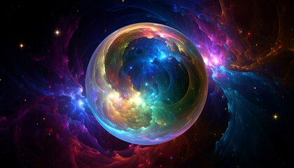 Colorful Cosmic Sphere Surrounded by Swirling Nebulae and Sparkling Stars in Space